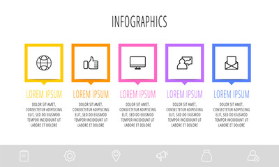 Obraz premium Vector flat infographics with 5 elements with arrows. Business template of five parts, options, processes. Concept of modern design for diagram, content, flowchart, timeline, levels