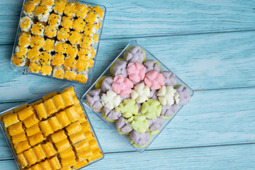 Tradition Thai Cookie on Rustic Blue Wood Table Background