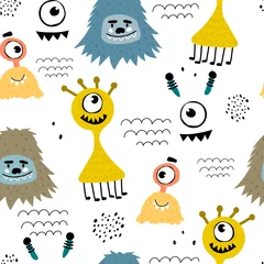 Tapeten nahtloses Muster mit Cartoon-Monstern, Dekorelementen. Flacher Stil des bunten Vektors für Kinder. Handzeichnung. Babydesign für Stoff, Druck, Wrapper, Textil © Ann1988