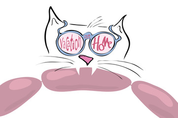 vector cat with a sausage in his teeth and glasses with the inscription. vacation at home