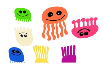 Color illustration cute and fun jellyfish set. Hand drawn doodle jellyfish.