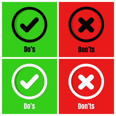 Do's and Don'ts sign icons. Symbols about Check mark and Cross on red and green background.