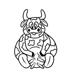 Cute cow sitting with milk udder. Vector illustartion in cartoon doodle style. Concept of dairy milk products, farming, plough, plow, agriculture. Funny animal, bull, children illustration, icon.