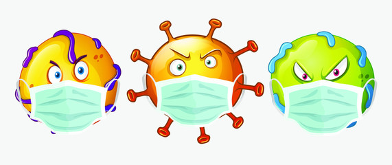 Cartoon virus that uses a mask, The concept of corona virus quarantine. Observe safety measures in public places. EPS10