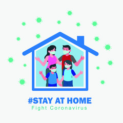 Fototapeta na wymiar I stay at home awareness social media campaign and coronavirus prevention: family smiling and staying together