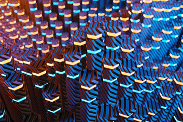 Metallic black blue and orange glowing hexagons moving pillars background 3D rendering