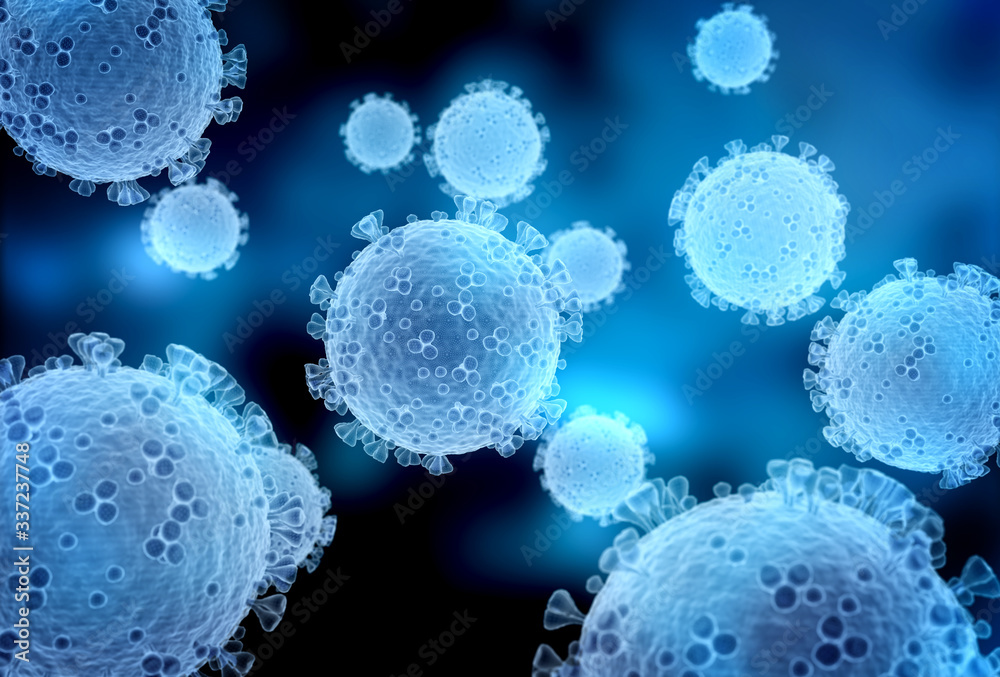 Poster wireframe hologram microscopic close-up of the covid-19 disease. coronavirus illness spreading in bo