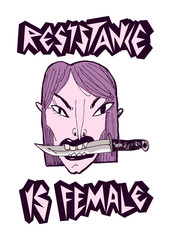 Portrait of a feminist girl with a knife in her teeth and the inscription. Color vector illustration. Can be used in social networks, for articles, publications, postcards, prints, posters.