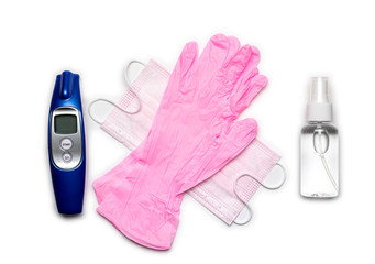 Virus protection. Medical surgical mask, sanitizer gel, Electronic thermometer and lab gloves on white background. Risk Coronavirus disease COVID-19 pandemic concept. Medical respiratory bandage face