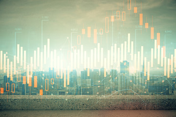 Forex graph on city view with skyscrapers background multi exposure. Financial analysis concept.