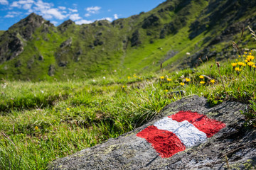 Trail marker on a hiking trail in Tyrol, Austria