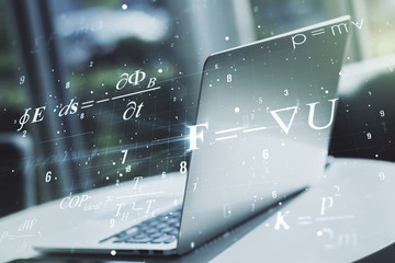 Creative scientific formula hologram on modern laptop background, research concept. Multiexposure