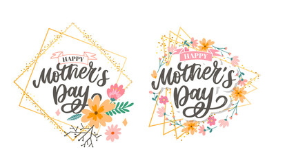 Happy Mothers Day lettering. Handmade calligraphy vector illustration. Mother's day card with flowers