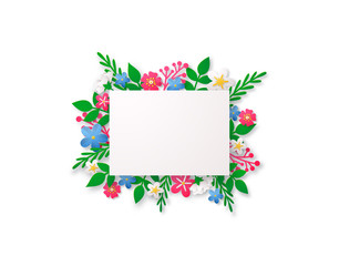 Spring vector background with paper cut flowers and geometric frame.