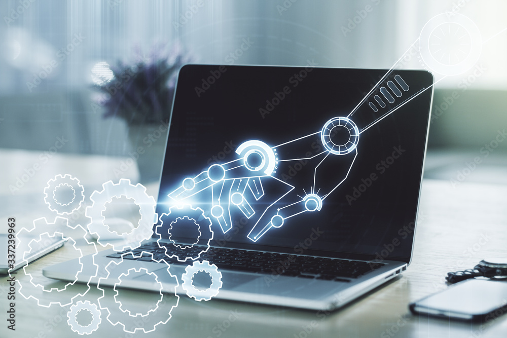 Aufkleber creative abstract robotics technology sketch on modern laptop background, future technology and ai c