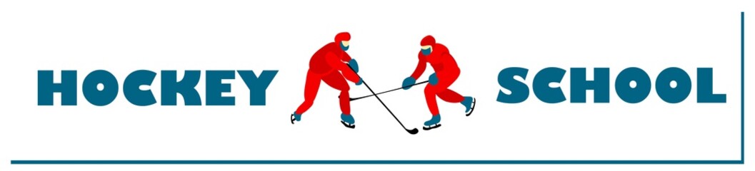 School of ice hockey. Masked men and hockey sticks play hockey. Horizontal banner for a sports club..