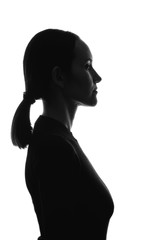 black and white portrait silhouette of woman on side