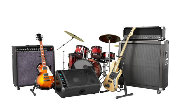 musical instrument guitars and speakers instrumental set 3d render on whiye no shadow