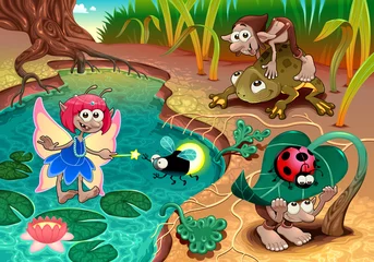 Wandaufkleber Fee und Gnome spielen in der Natur mit Tieren. © ddraw