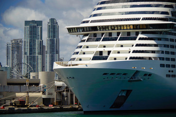 Big modern MSC Cruises cruiseship or cruise ship liner Meraviglia in Port of Miami, Florida with...