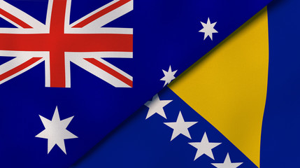 The flags of Australia and Bosnia and Herzegovina. News, reportage, business background. 3d illustration - obrazy, fototapety, plakaty