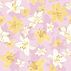 Fototapeta premium Seamless pattern lily flowers on pink background with silhouette