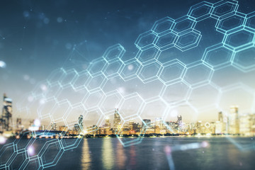 Double exposure of abstract virtual technology hologram with hexagon on Chicago city skyscrapers background. Research and development software concept