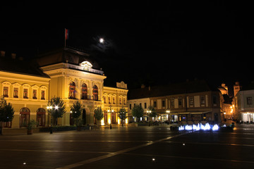 Square in Old town of Eger by night, Hungary