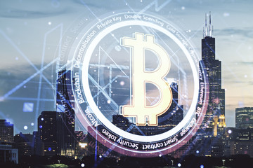 Double exposure of creative Bitcoin symbol hologram on Chicago office buildings background. Mining...