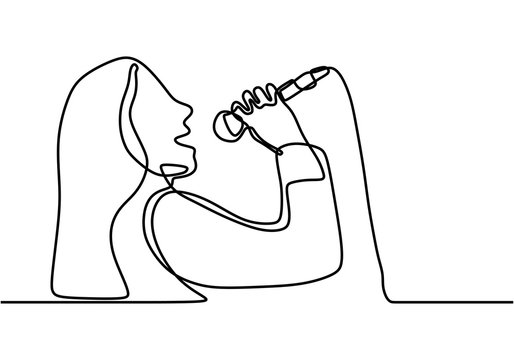 Single line drawing, A girl with long hair is singing into the microphone. Singing with holding microphone in hand. Perform as professional singer.