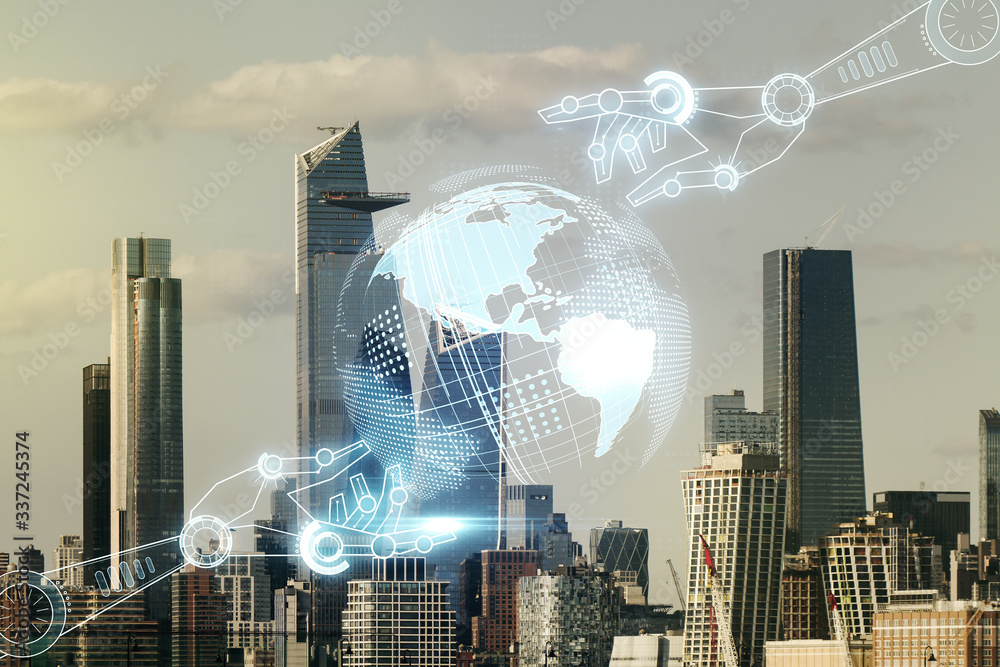 Aufkleber abstract virtual robotics technology hologram with globe sketch on new york city skyline background.