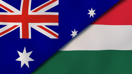 The flags of Australia and Hungary. News, reportage, business background. 3d illustration