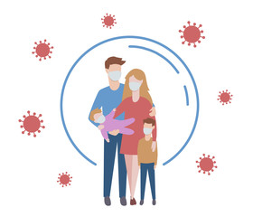 Protect measures against virus. Protective medical mask on family members. Stop coronavirus pneumonia infection. Vector illustration.