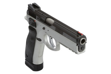 image of a silver pistolwith a black grip isolated on a white background