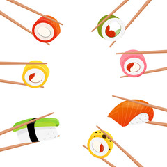 Vector isolated illustration of nigiri rolls held by chopsticks. Bright, beautiful banner in a modern flat style. Sushi with avocado and salmon, rolls in sticks. Banner with place for text.