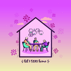 I stay at home awareness social media campaign and coronavirus prevention: family smiling and staying together. colorful coronavirus vector