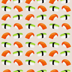 Seamless vector isolated nigiri texture. Bright, beautiful background in a modern flat style. Sushi with avocado, salmon