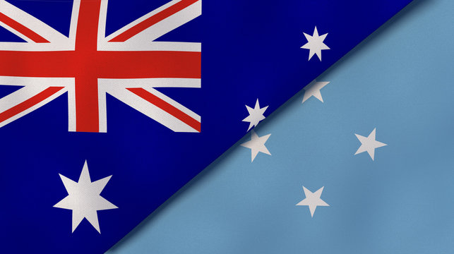 The flags of Australia and Micronesia. News, reportage, business background. 3d illustration