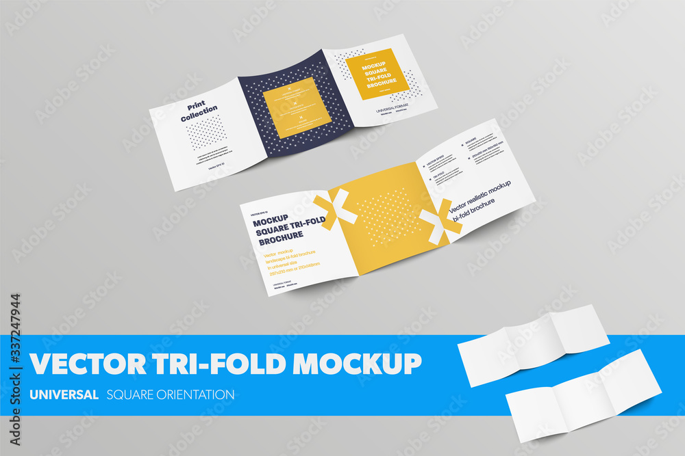 Poster Set of square vector tri-folds, open standard roll fold brochures, front and back views, with realistic shadows, for design presentation.