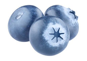 Close-up of three delicious blueberries, isolated on white background