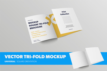 Half-open vector tri-fold template, front view, standard business leaflet, with abstract pattern, realistic shadows, isolated on background.