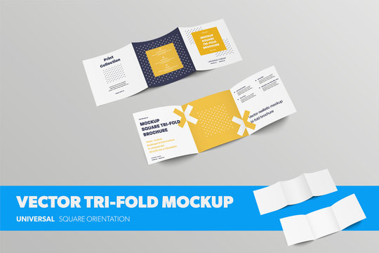 Set of square vector tri-folds, open standard roll fold brochures, front and back views, with realistic shadows, for design presentation.