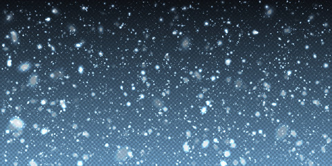 Falling winter christmas realistic snow on transparent background. Bokeh lights and flying snowflakes in the air. Overlay texture of winter Snowstorm. Vector heavy snowfall, snowflakes