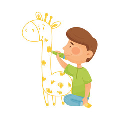 Little Boy Drawing Giraffe with Pencil on the Wall Vector Illustration