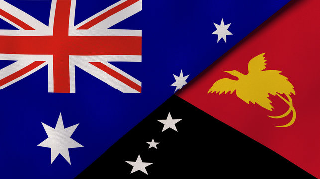 The flags of Australia and Papua New Guinea. News, reportage, business background. 3d illustration