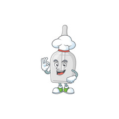 Bottle with pipette cartoon design style proudly wearing white chef hat
