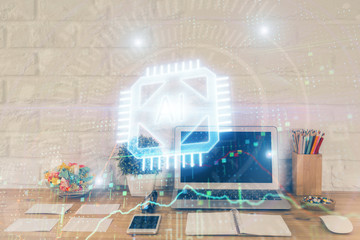 Multi exposure of desktop with personal computer and tech theme drawing. Concept of Bigdata.