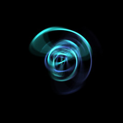 Spinning rays of light isolated on black background. Graphic 2D illustration of glowing colorful light particles in circular motion.