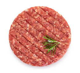 Raw burger cutlet on white background