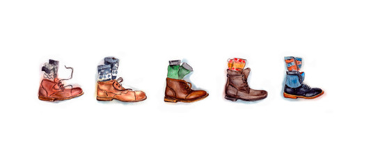 brown leather shoes with colorful socks watercolor illustration